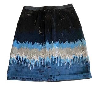 Per Se Silk Allover Sequins Pencil Mini Skirt Black Blue Silver Sz 2 Cocktail